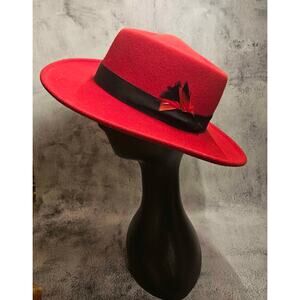 Meyer the Hatter Red Felt Brimmed Hat with Feather Accent – 3.25" Brim